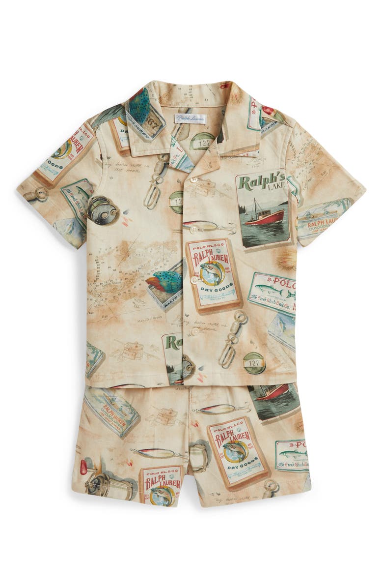 Ralph Lauren Fishing Print Knit Camp Shirt & Shorts Set, Main, color, Fishermans Lodge