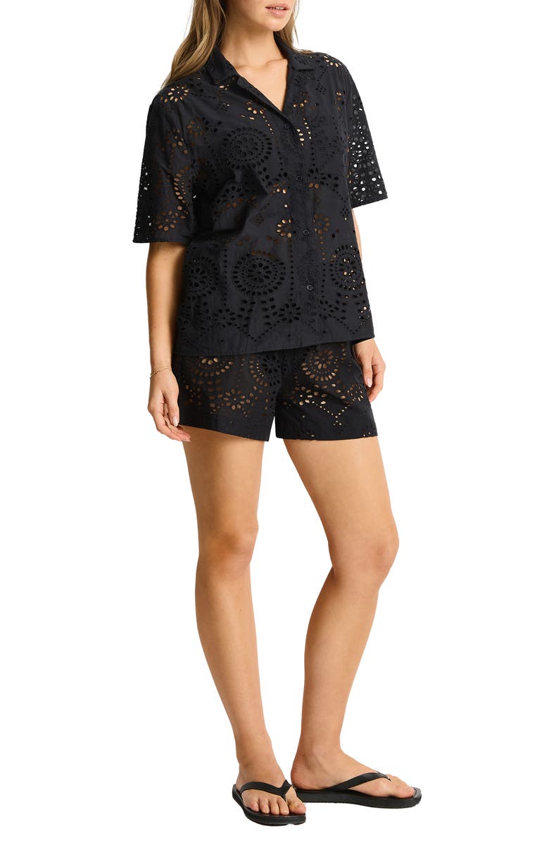 Sea Level Ibiza Cotton Eyelet Cover-Up Bowling Shirt, Alternate, color, Black