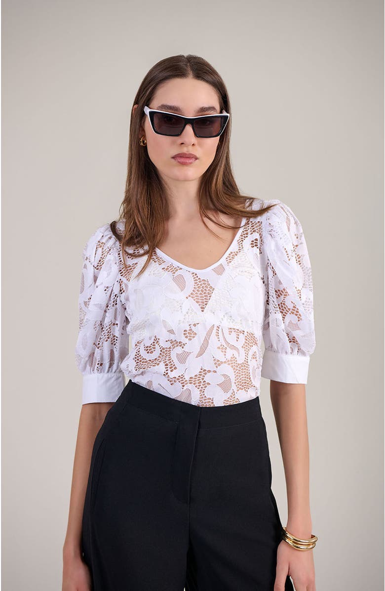 Anne Fontaine Women's Katia White V-Neck Top With Sheer Mesh Sleeves, Alternate, color, White