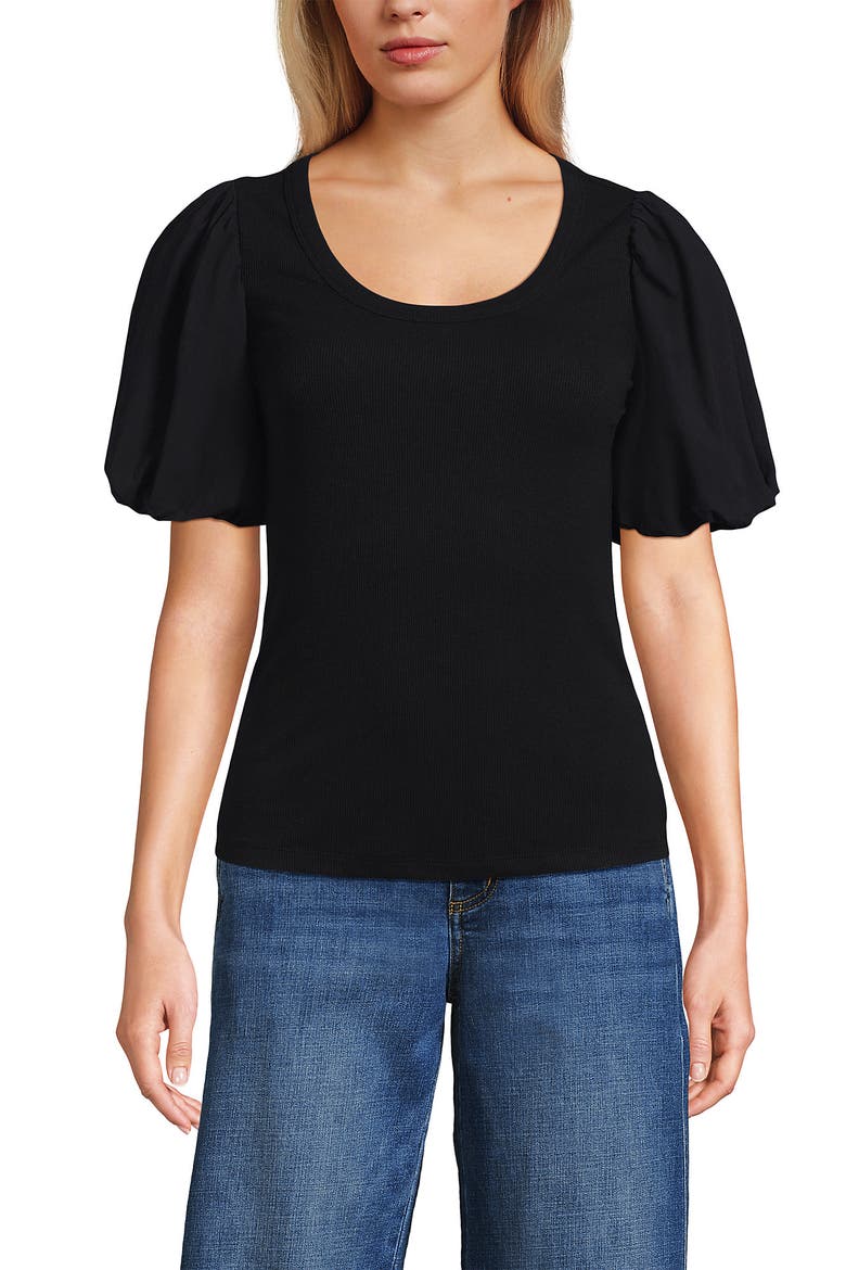 Drapey Rib Puff Sleeve Scoop Neck Top, Alternate, color, Black