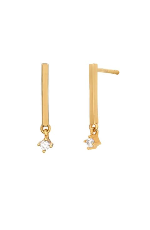 Designer Bar Stud Earrings with Triple Cubic Zirconia in Gold Vermeil