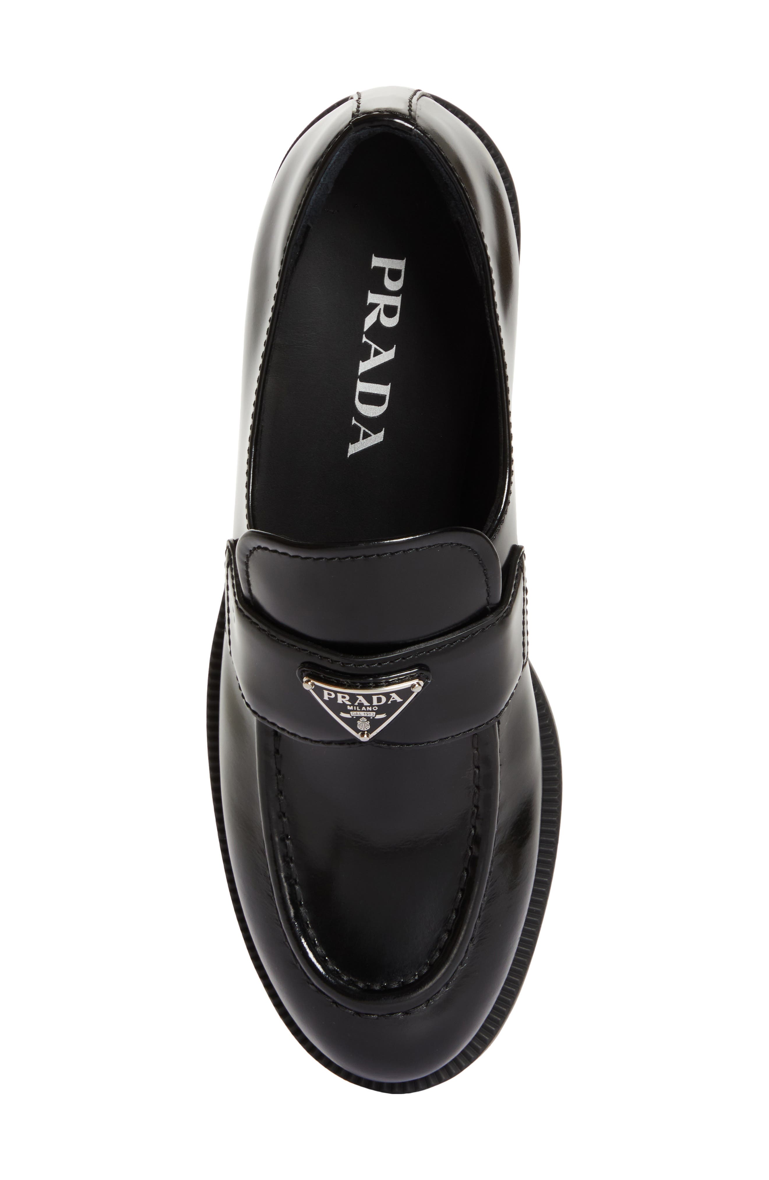 Prada Triangle Logo Patent Leather Loafer, Alternate, color, Nero