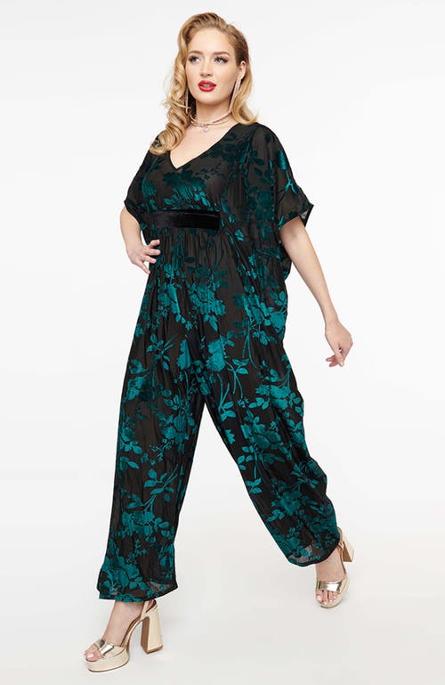Unique Vintage 1970s Velvet Caftan Jumpsuit In Black & Teal Floral