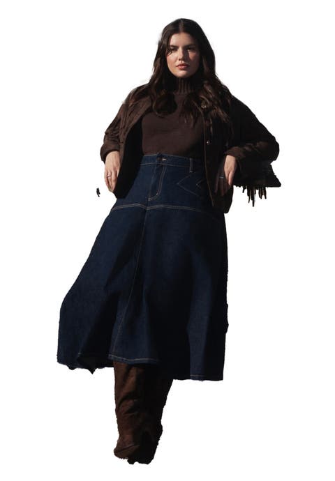 Denim Maxi Skirt With Seam Detail (Plus)