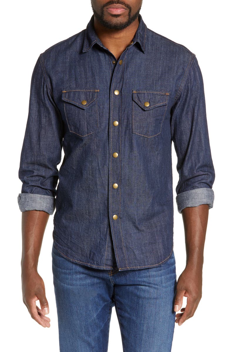 Billy Reid Distressed Denim Slim Fit Western Shirt, Main, color,