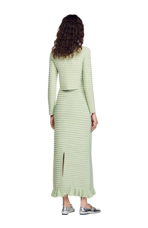 Sandro Rhinestone Knit Maxi Skirt In Almond Green
