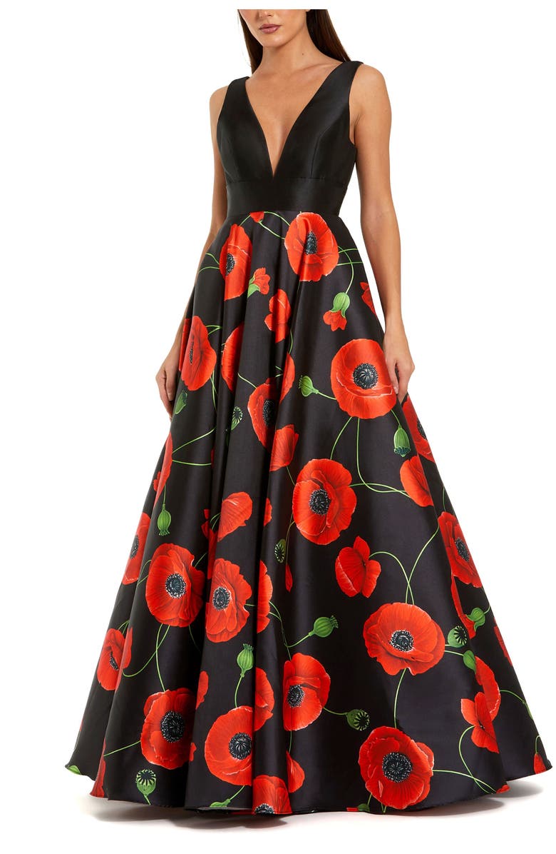 Mac Duggal Plunge Neck Ballgown With Floral Mikado Skirt, Main, color, Black