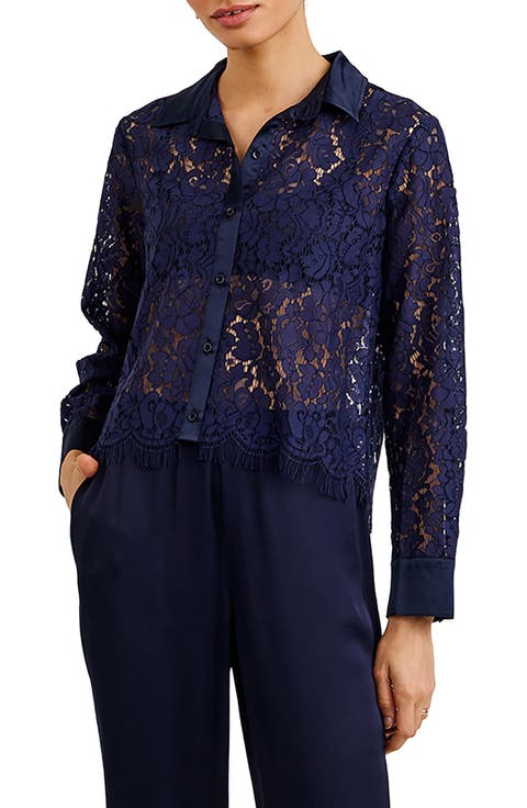 Lace & Satin Button-Up Shirt