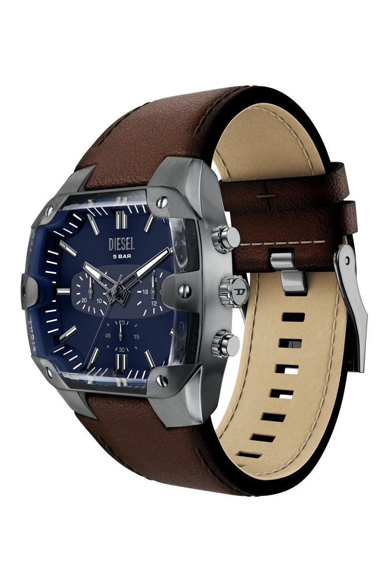 Spiked Cushion Chronograph Leather Strap Watch, 44mm, Alternate, color, BROWN/ GUNMETAL