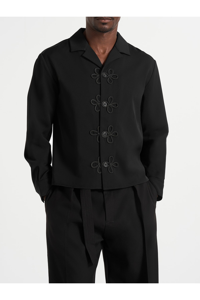Valen Embroidered Closure Long Sleeve Shirt, Main, color, Black