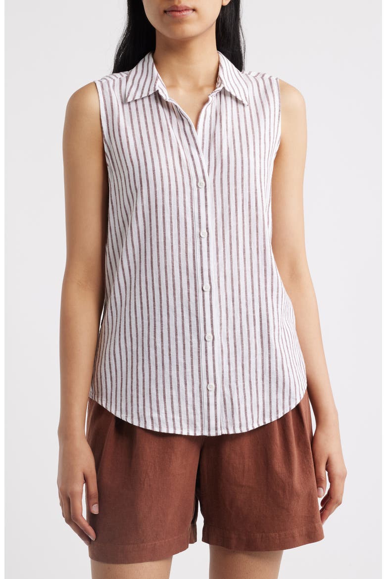 Split Back Stripe Sleeveless Button-Up Shirt, Main, color, COCOA BROWN STRIPE