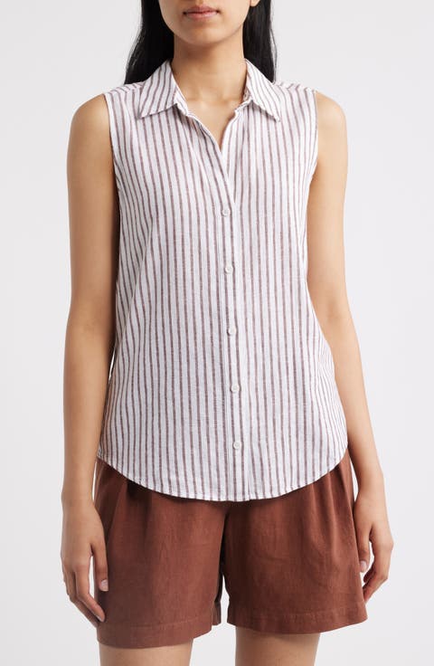 Split Back Stripe Sleeveless Button-Up Shirt