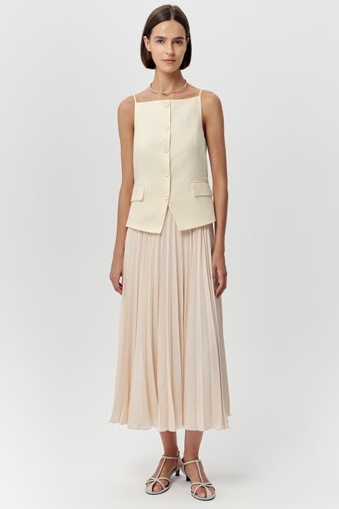 Angeletta Sleeveless Linen Trim Pleated Midi Dress