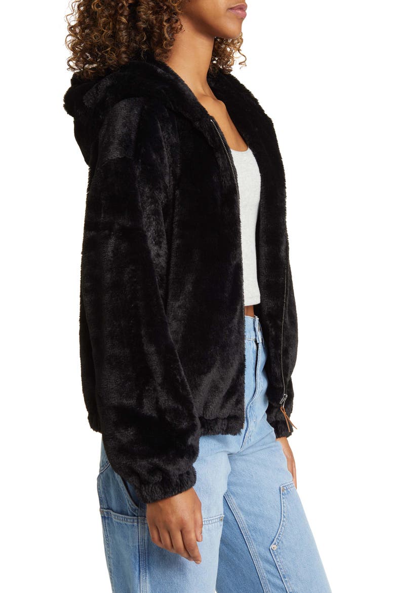 Faux Fur Zip-Up Hooded Jacket, Alternate, color, BLACK