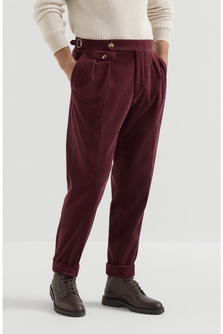 Comfort Cotton And Cashmere Corduroy Trousers With Double Pleats And Waist Tabs, Main, color, Burgundy
