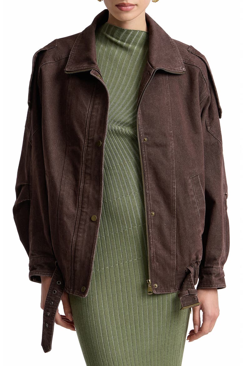 Denim Belted Bomber Jacket, Main, color, BROWN