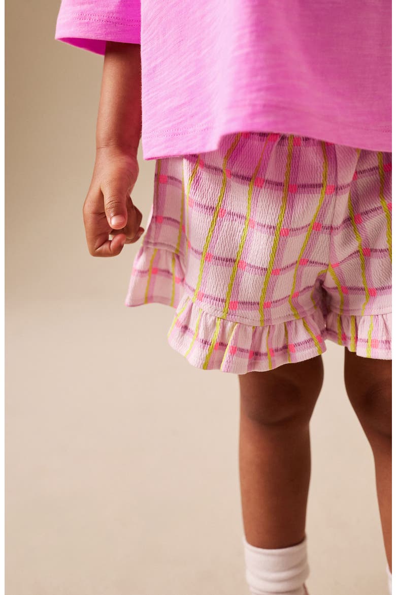 Kids' Plush Flower Appliqué T-Shirt & Check Shorts Set, Alternate, color, PINK