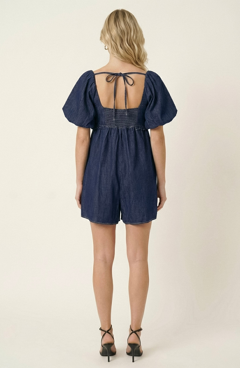 Modenaire Puff-Sleeve Romper with Tie Front, Alternate, color, Dark Blue