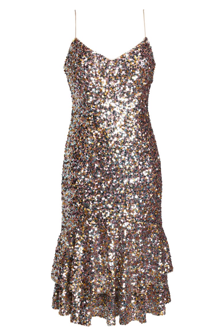 Ruffle Hem Sequin Cocktail Dress, Alternate, color, PINK MULTI