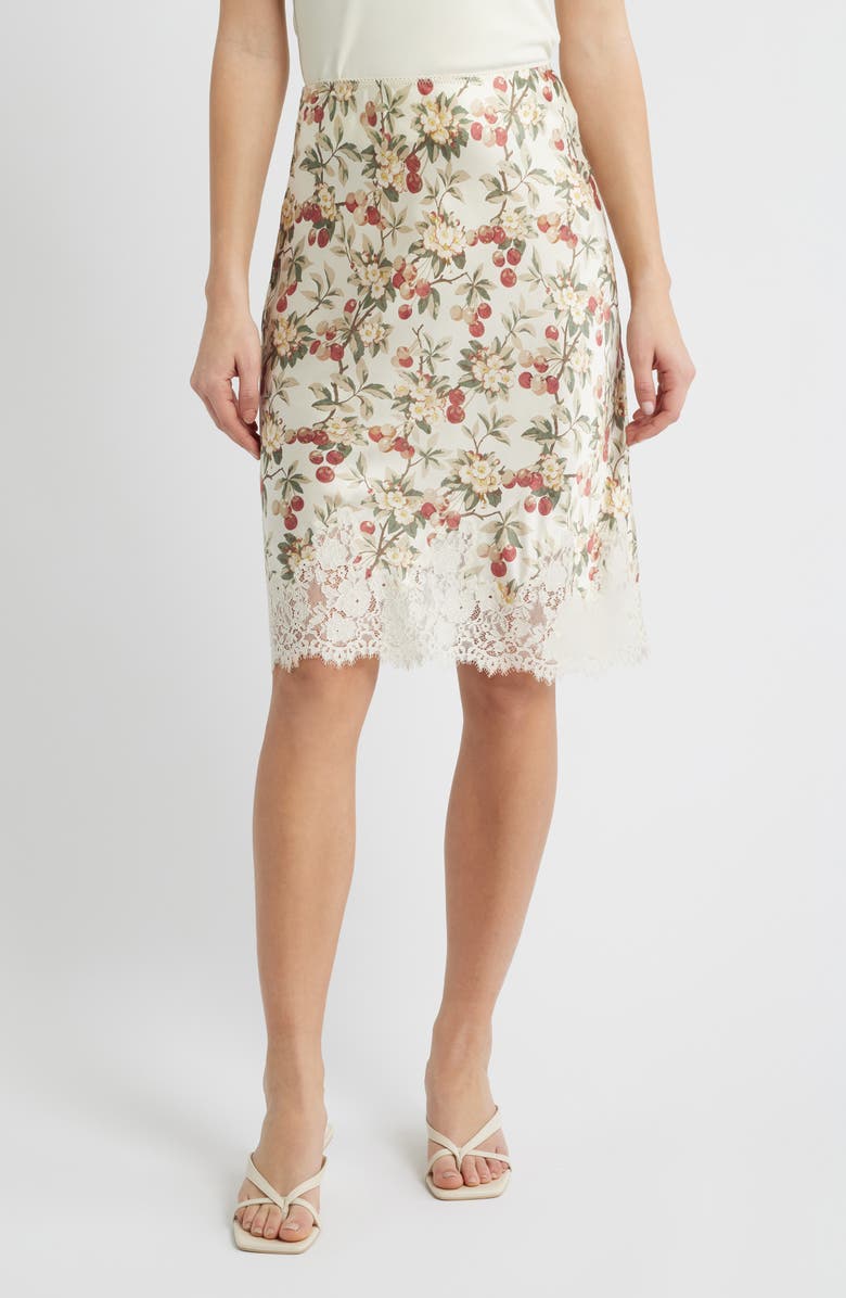 DÔEN Elowette Floral Lace Hem Silk Skirt, Main, color, Cerise Et Fleur