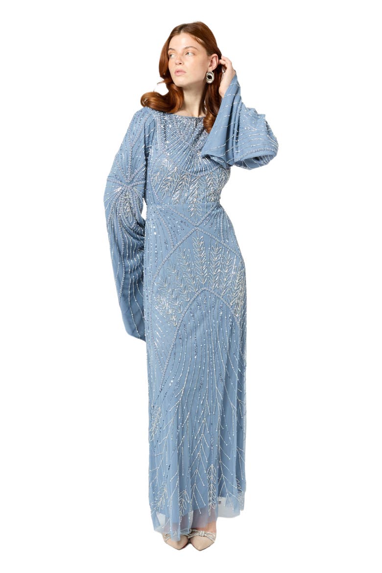 Modest Embellished Sequin Beaded Maxi Dress With Long Sleeves, Alternate, color, POWDER BLUE