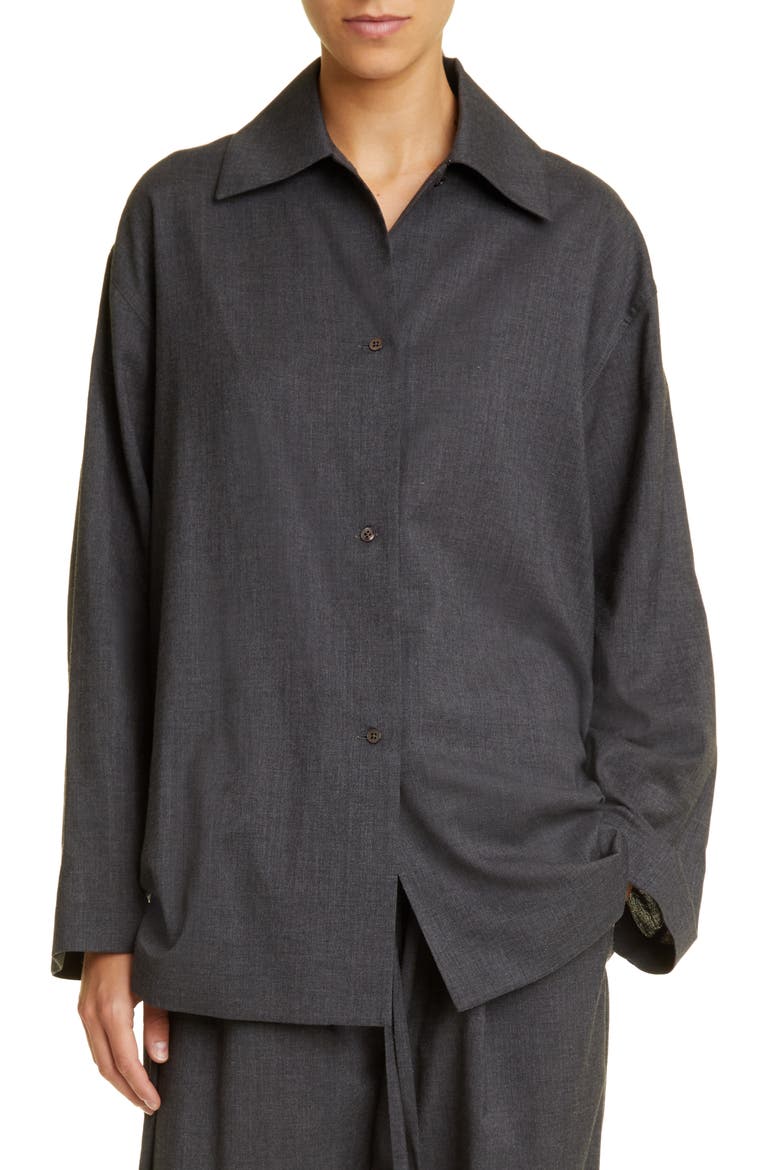 Rigel Silk & Cotton Button-Up Shirt, Alternate, color, DARK GREY