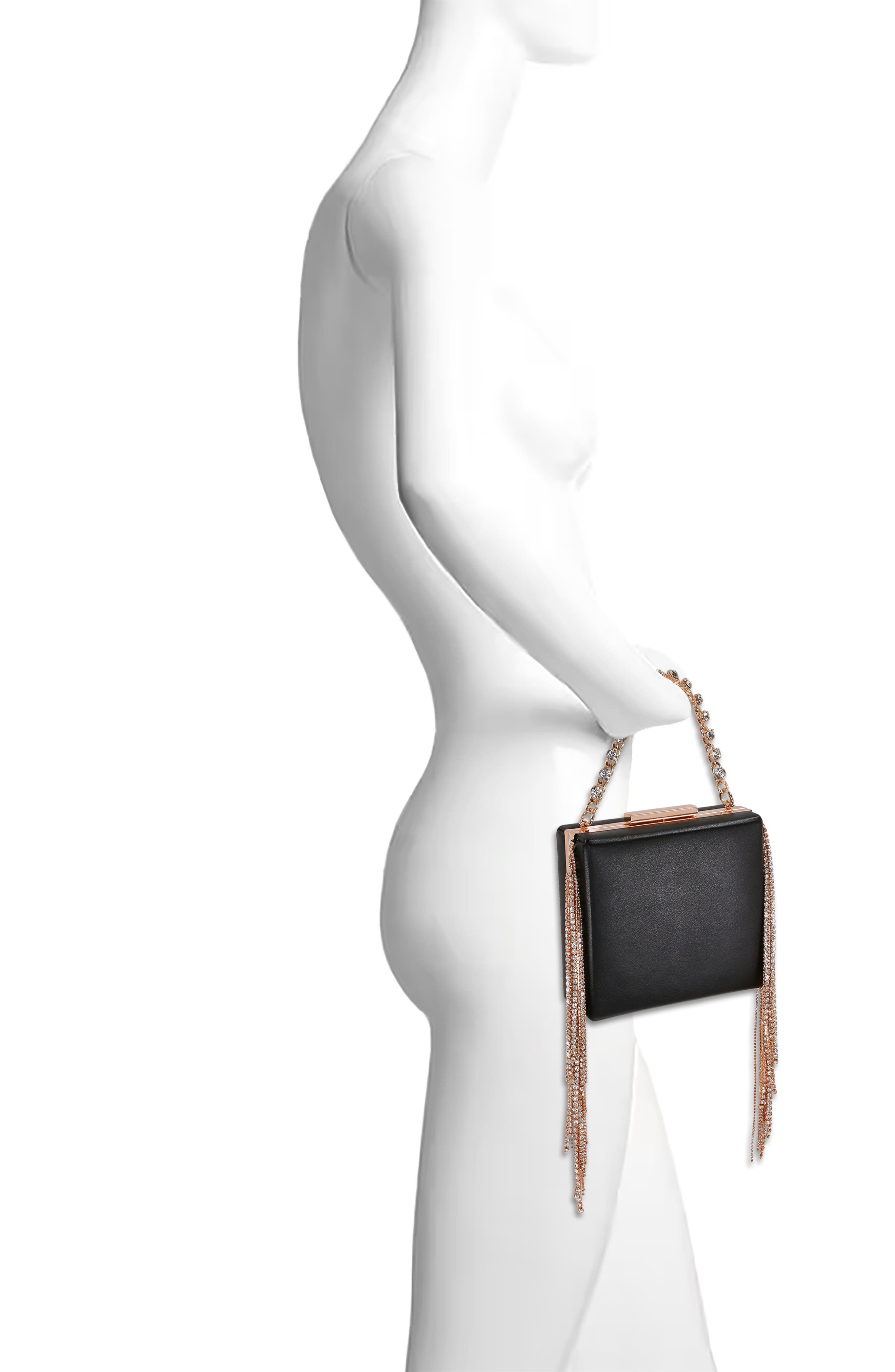 Jewel Badgley Mischka Ryker Leather Crystal Fringed Box Clutch, Alternate, color, Black