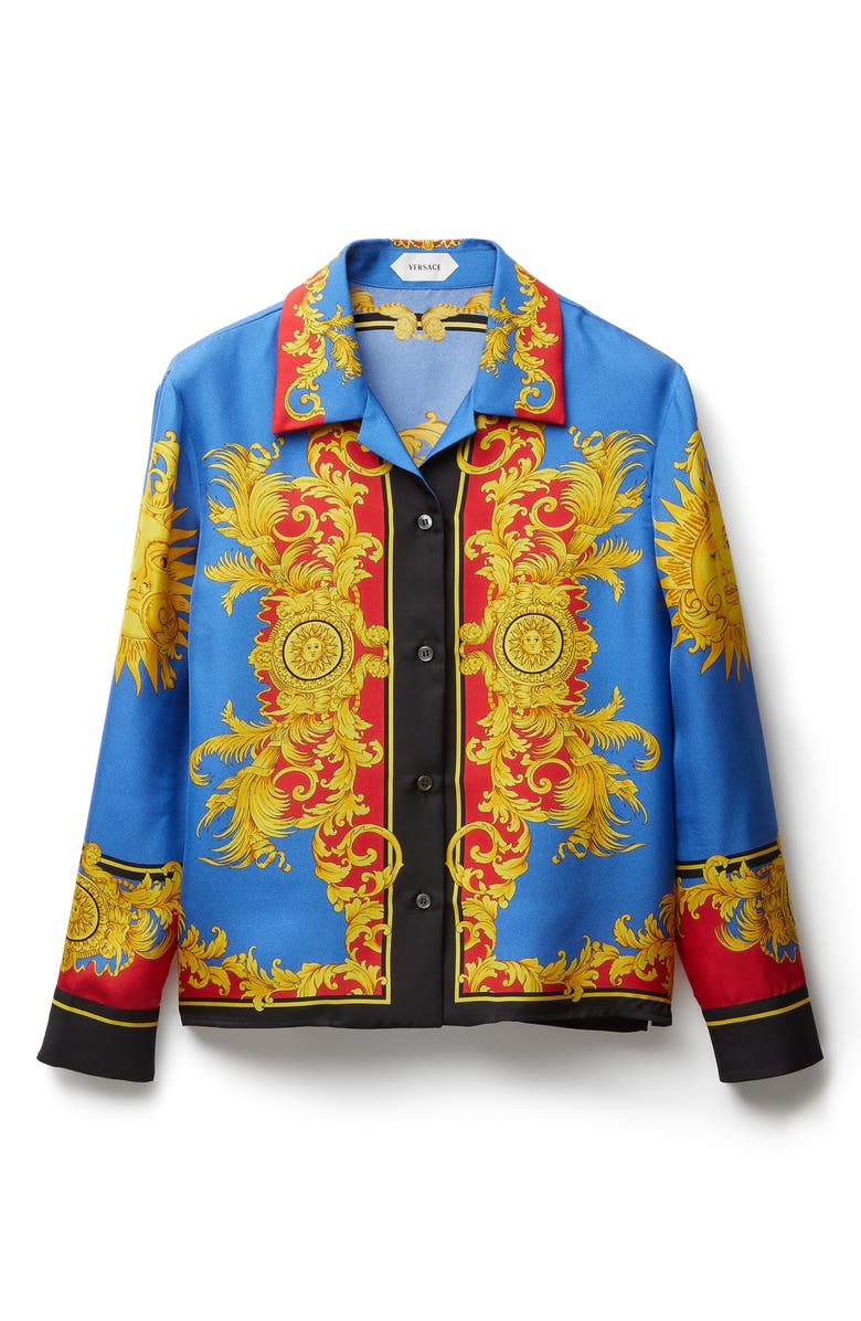 Versace Barocco Print Silk Twill Bowling Shirt, Alternate, color, Blue Gold