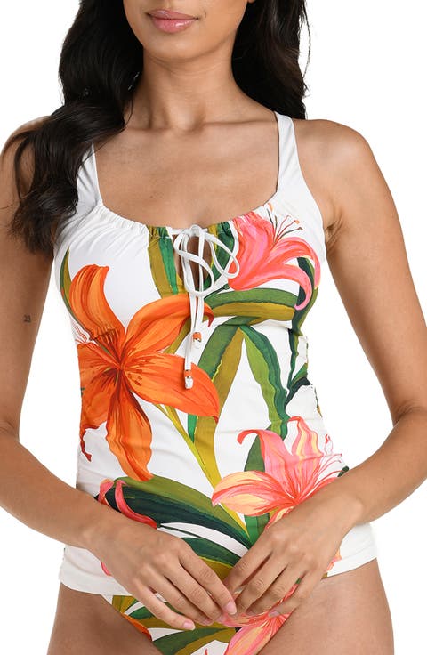 Jungle Blossoms Tie Neck Tankini