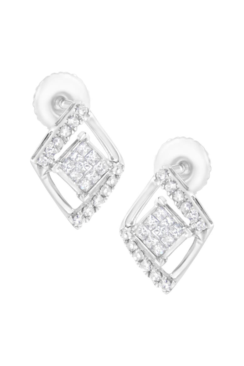 10K White Gold 1/3 Ct Princess Double Triangle Composite Stud Earrings, Alternate, color, White