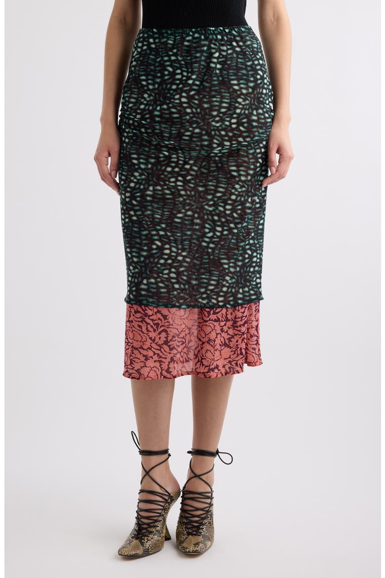 Homoa Layered Mixed Print Midi Skirt, Main, color, MALACHITE