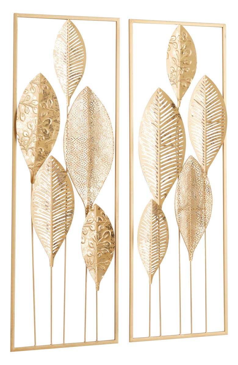 WILLOW ROW Goldtone Metal Tall Cutout Leaf Wall Decor with Frame - Set of 2, Alternate, color, Gold