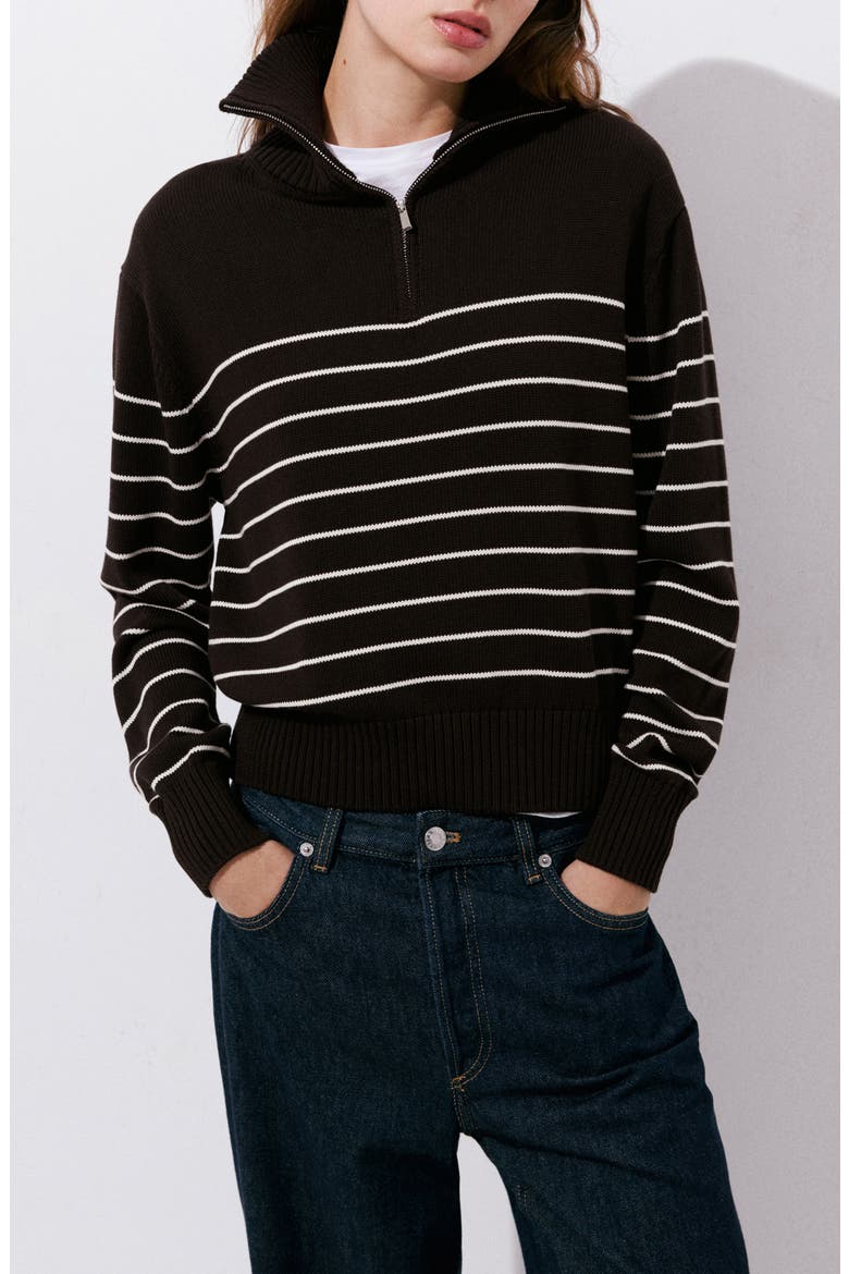 Striped Cotton Half Zip Sweater, Main, color, BROWN