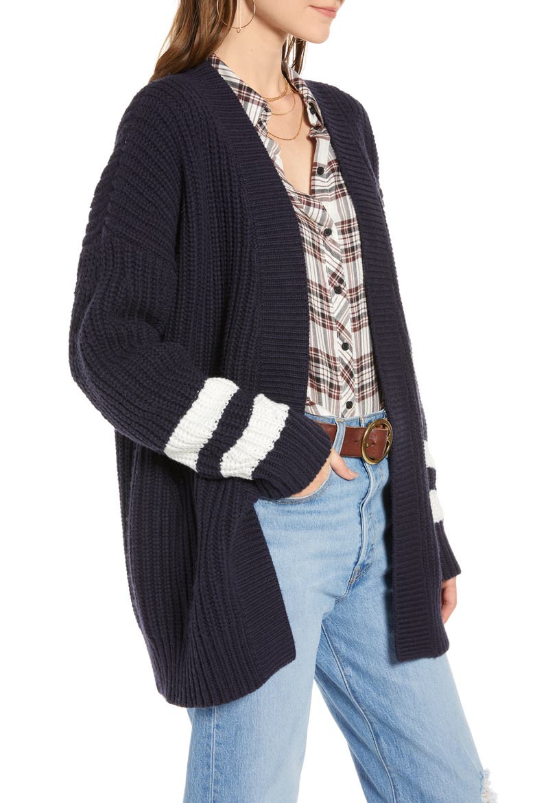 Stripe Detail Open Front Cotton & Wool Blend Cardigan, Alternate, color, NAVY- IVORY COMBO