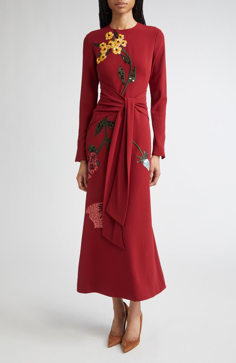 Lela Rose Floral Embroidered Long Sleeve Knit Dress, Main, color, Wine