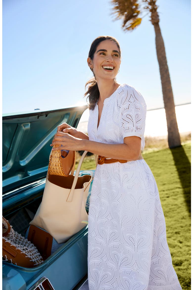 Perry Embroidered Eyelet Cotton Midi Dress, Alternate, color, WHITE
