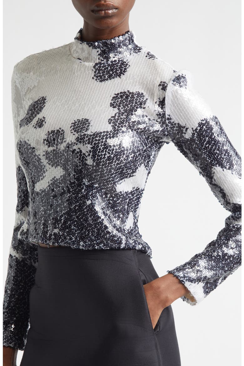 The Maven Paillette Cow Print Mock Neck Top, Alternate, color, SPOTTED BLACK