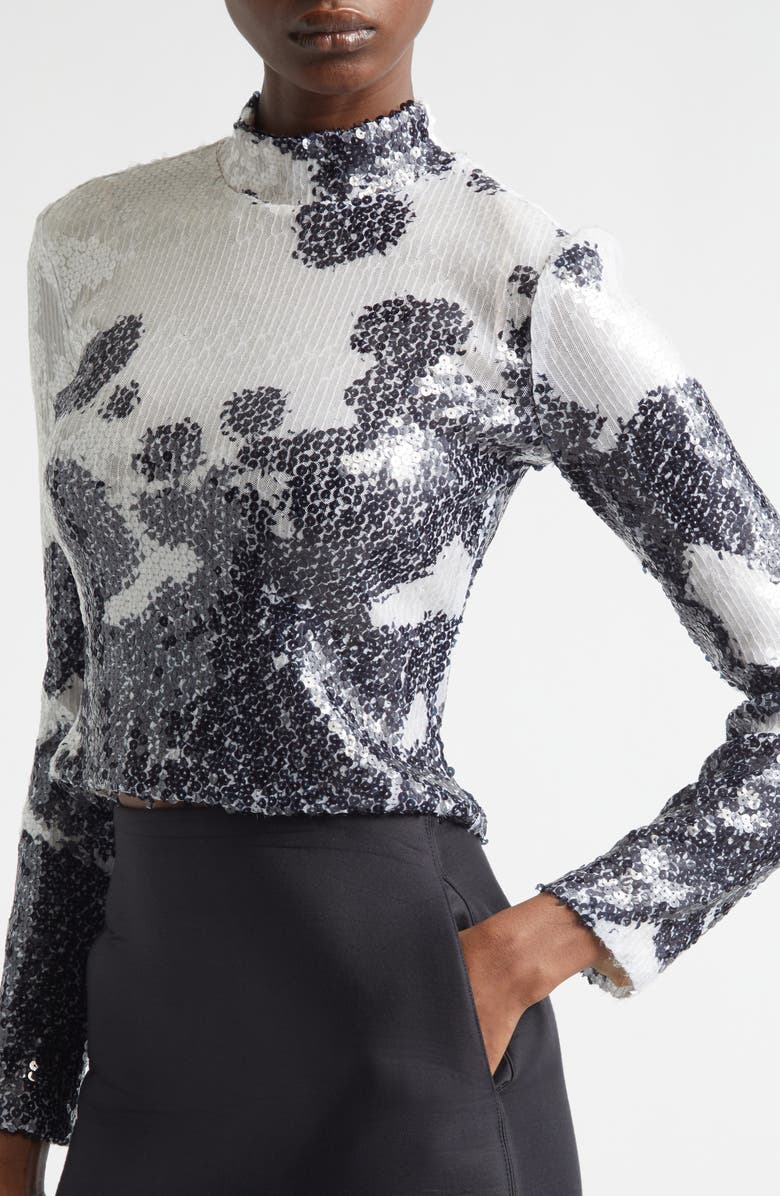Brandon Maxwell The Maven Paillette Cow Print Mock Neck Top, Alternate, color, Spotted Black