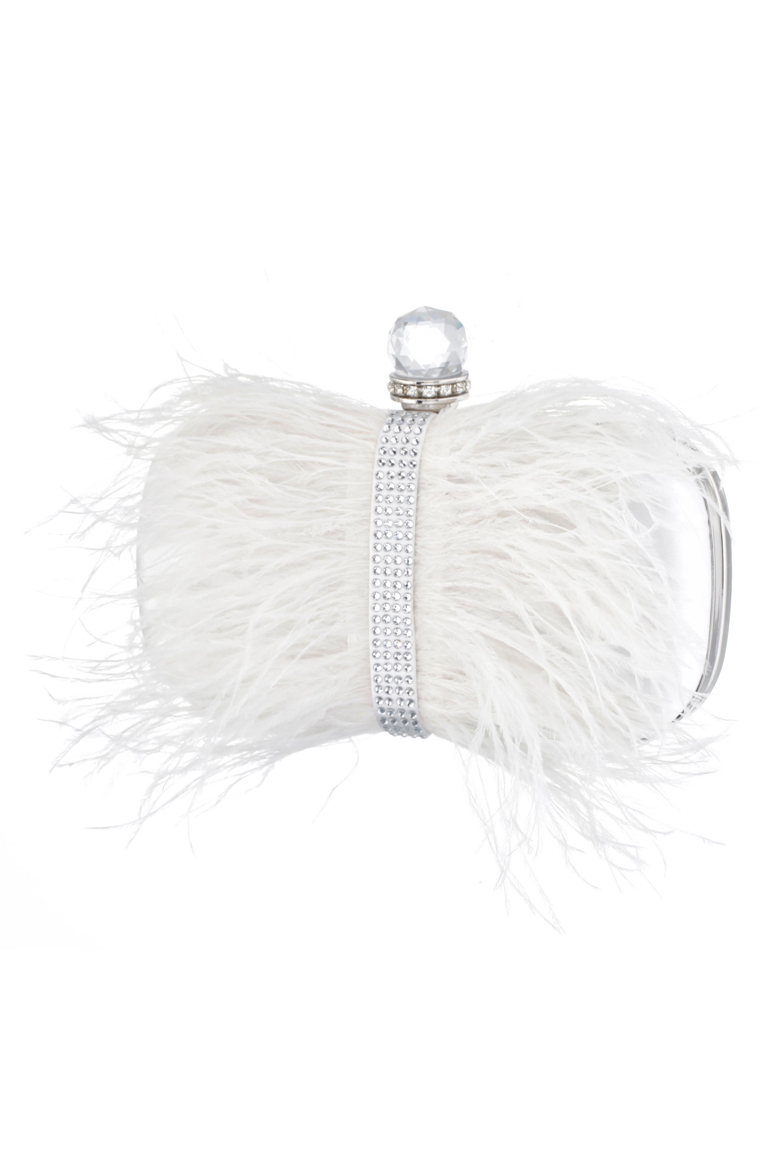 Nina Ostrich Feather Minaudiere, Alternate, color, White