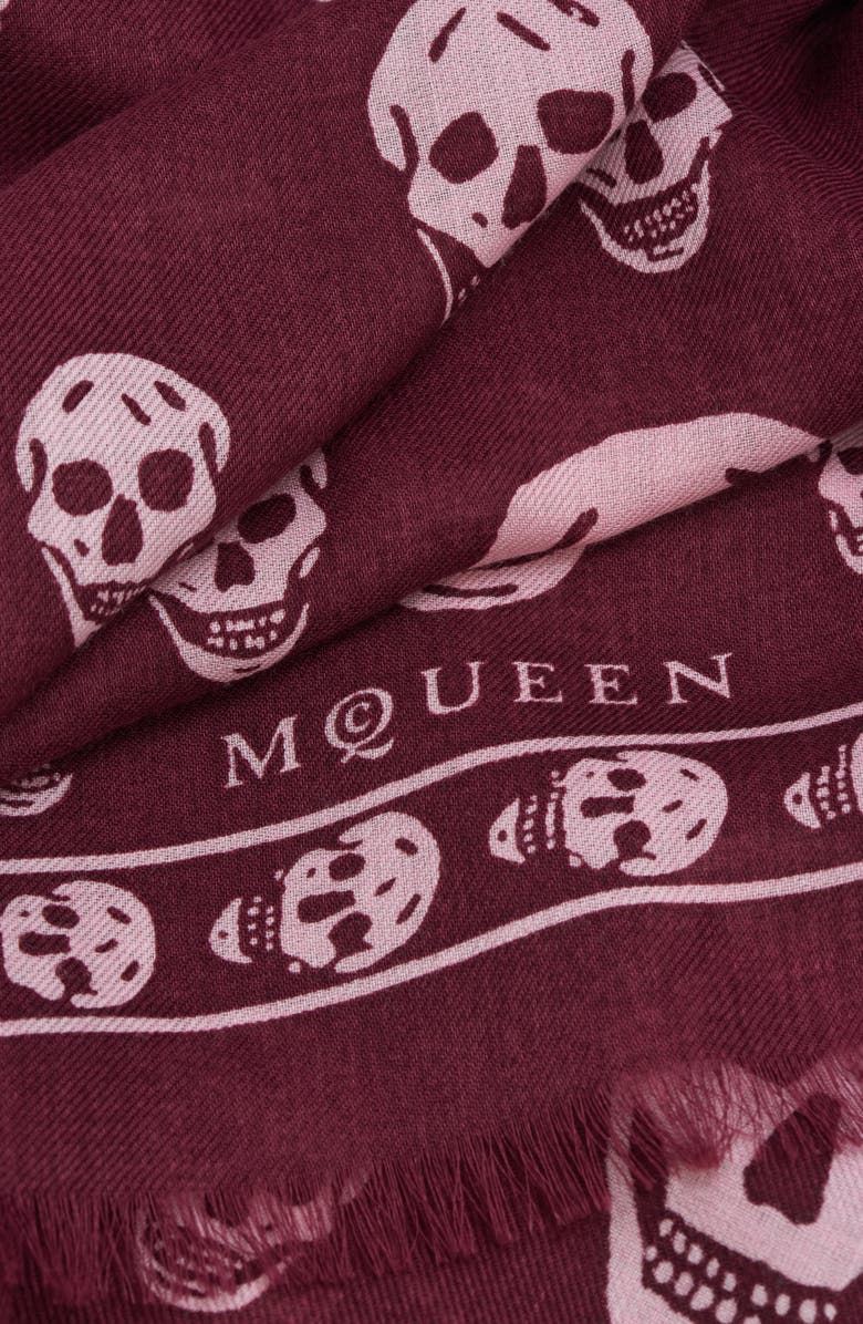 McQueen Skull Print Wool Fringe Scarf, Alternate, color, Burgundy/ Pink