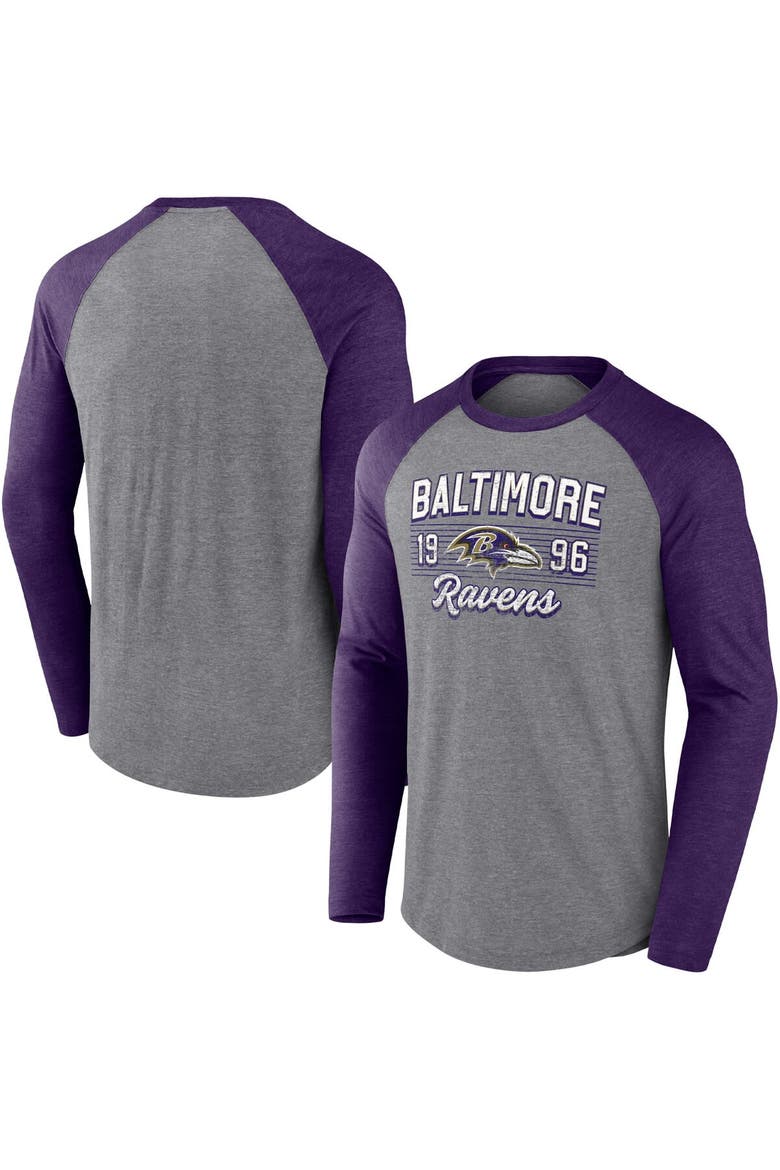 Men's Fanatics Branded Heathered Gray/Heathered Purple Baltimore Ravens Weekend Casual Raglan Long Sleeve T-Shirt, Main, color, Heather Gray