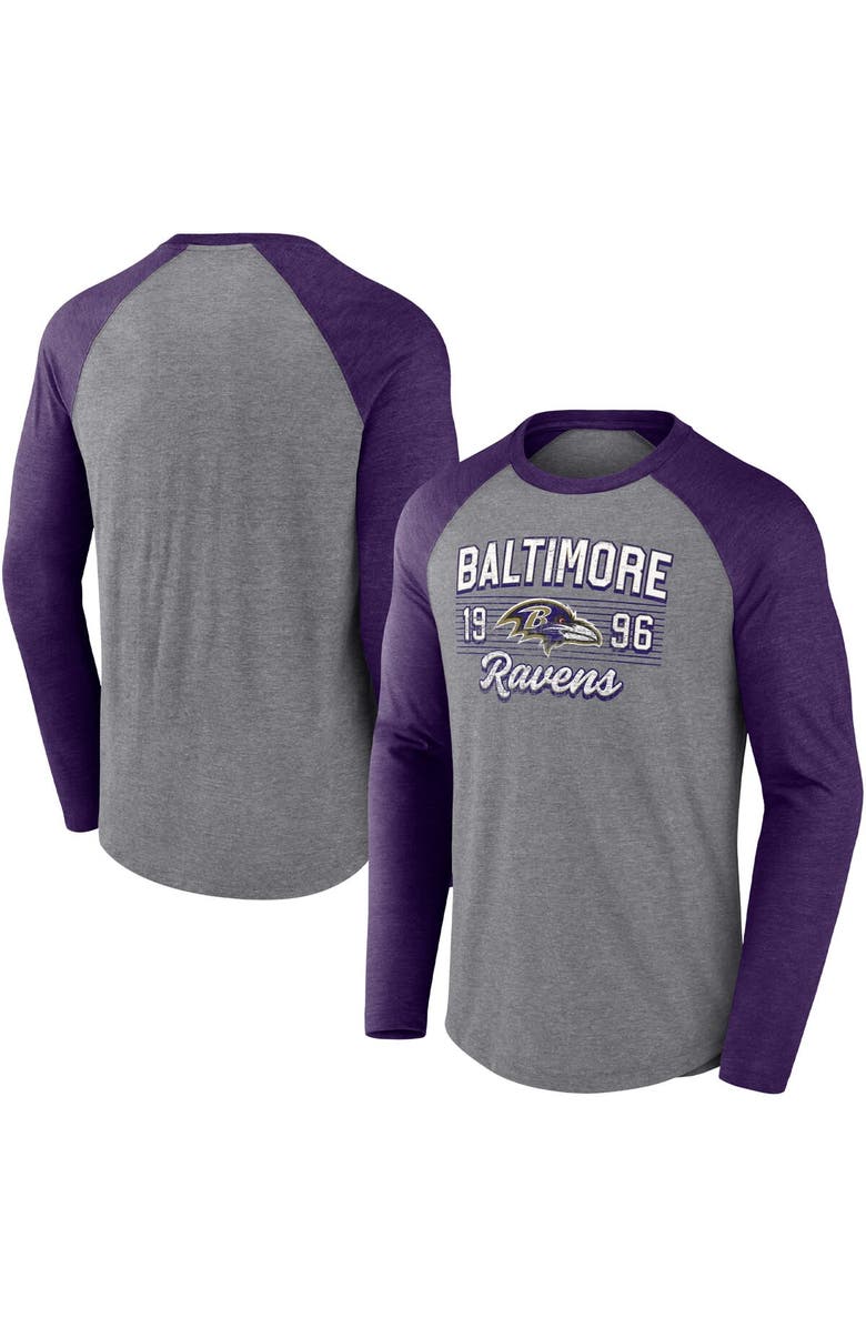 FANATICS Men's Fanatics Branded Heathered Gray/Heathered Purple Baltimore Ravens Weekend Casual Raglan Long Sleeve T-Shirt, Main, color,