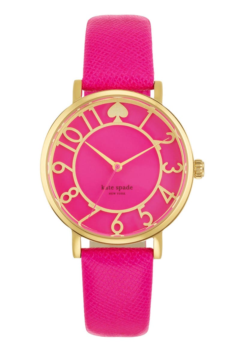 'metro' round leather strap watch, 34mm, Main, color, BOUGAINVILLEA PINK/ GOLD