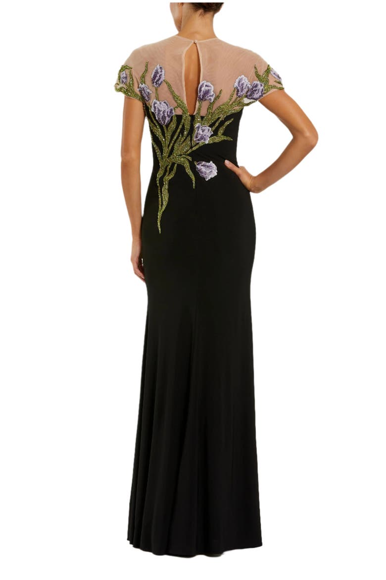Women's Jersey Floral Embroidered Illusion Neck Gown, Alternate, color, Black Multi