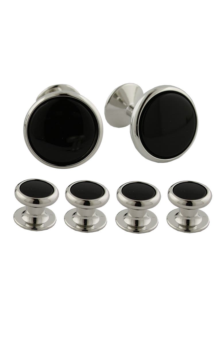 Inlay Cuff Link & Stud Set, Main, color, WHITE BRASS/ ONYX