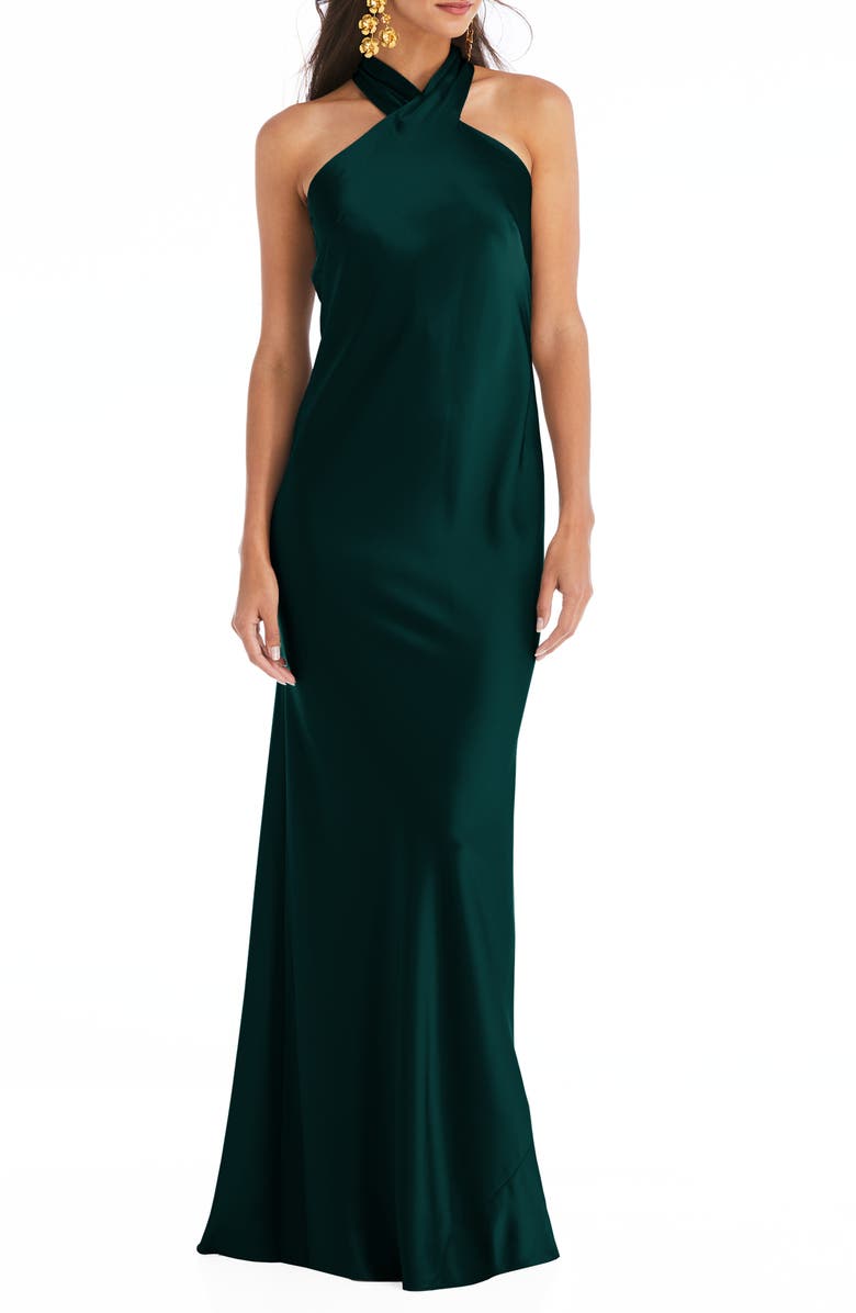 LOVELY Imogen Twist Halter Charmeuse Trumpet Gown, Main, color,