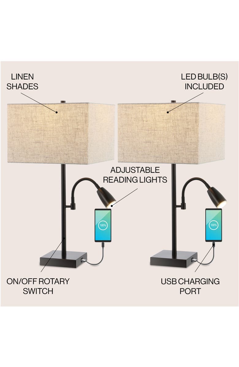 JONATHAN Y Austin 25.5" 2-Light Farmhouse Industrial Iron LED Table Lamp with USB Charging Port and Adjustable Reading Light, Oil Rubbed Bronze, Alternate, color, Oil Rubbed Bronze