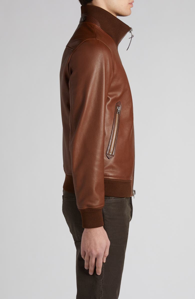 TOM FORD Tumbled Leather Track Bomber Jacket, Alternate, color, Kb292 Tan