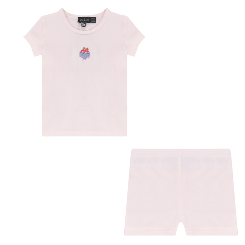 Girl Strawberry Box Puff Detail Short Sleeve Top and Shorts Set