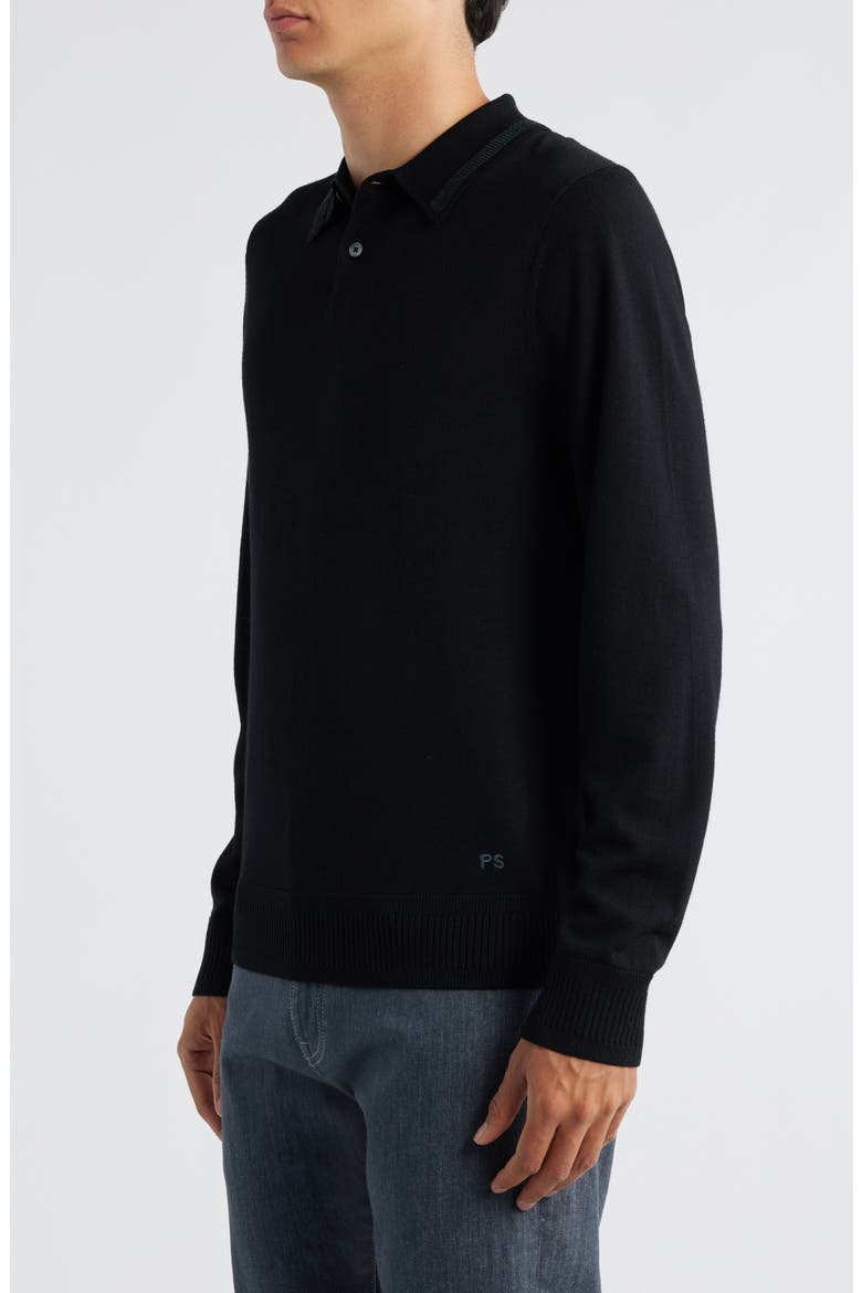 Long Sleeve Tipped Wool Polo Sweater, Alternate, color, BLACK